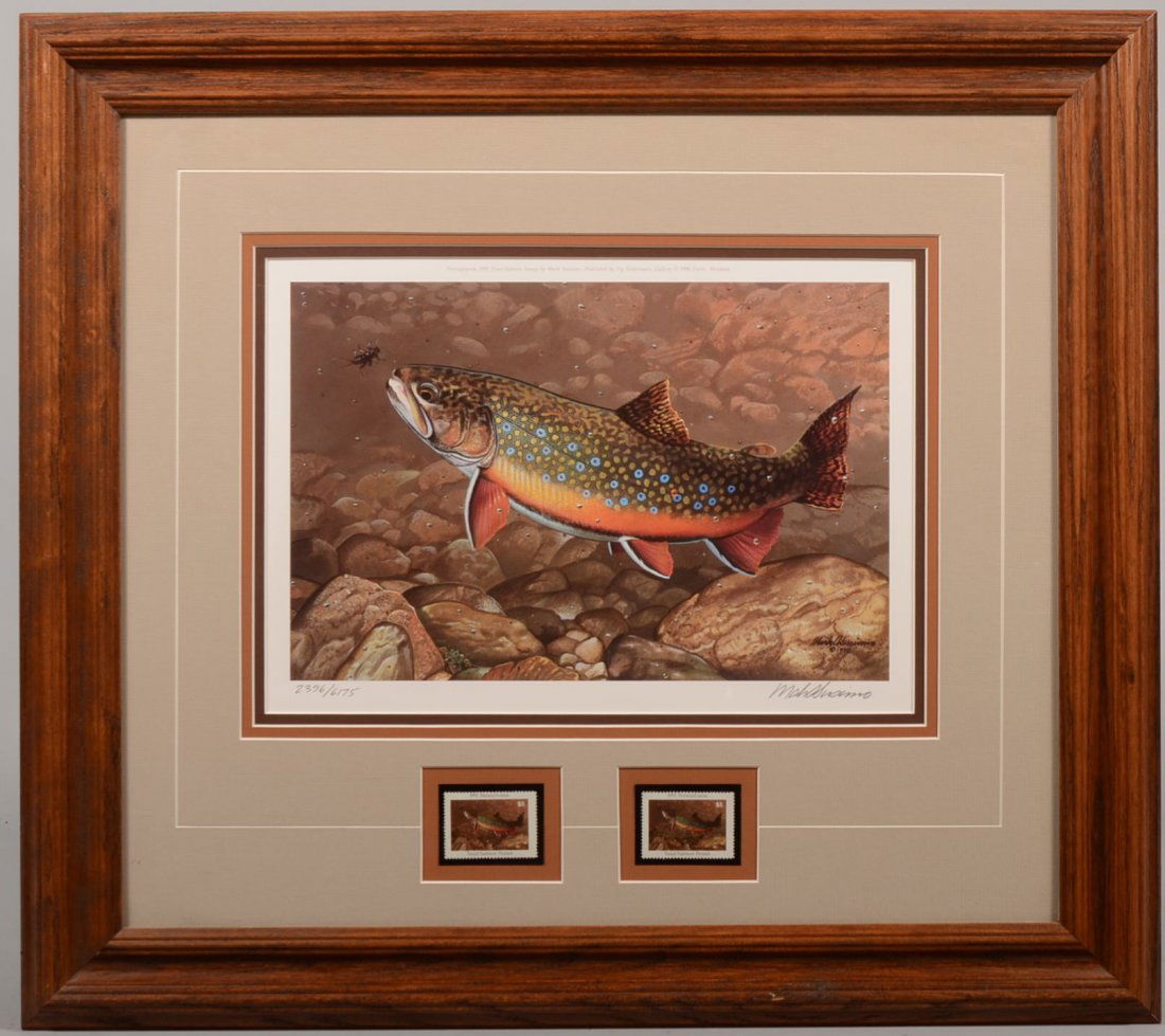 Pa. Trout / Salmon Stamps and Print for 1991. Prod: Pa. Trout / Salmon Stamps and Print for 1991. Produced by Mark Susinno, numbered and signed on bottom margin. All pieces matted and in one frame. Print: 9"h. X 13"w sight and stamps: 1 3/8"h. X 1 7/8"