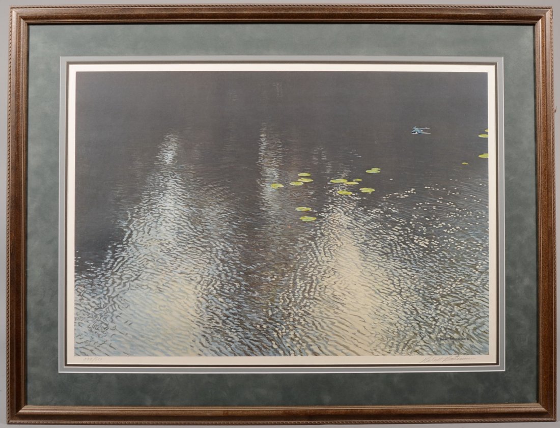 Robert Bateman "Tree Swallow Over Pond" Print. The: Robert Bateman "Tree Swallow Over Pond" Print. The naturalist captures a fleeting moment of "peaceful wandering about nothing in particular." Print is triple matted in a molded brown wood frame. Image