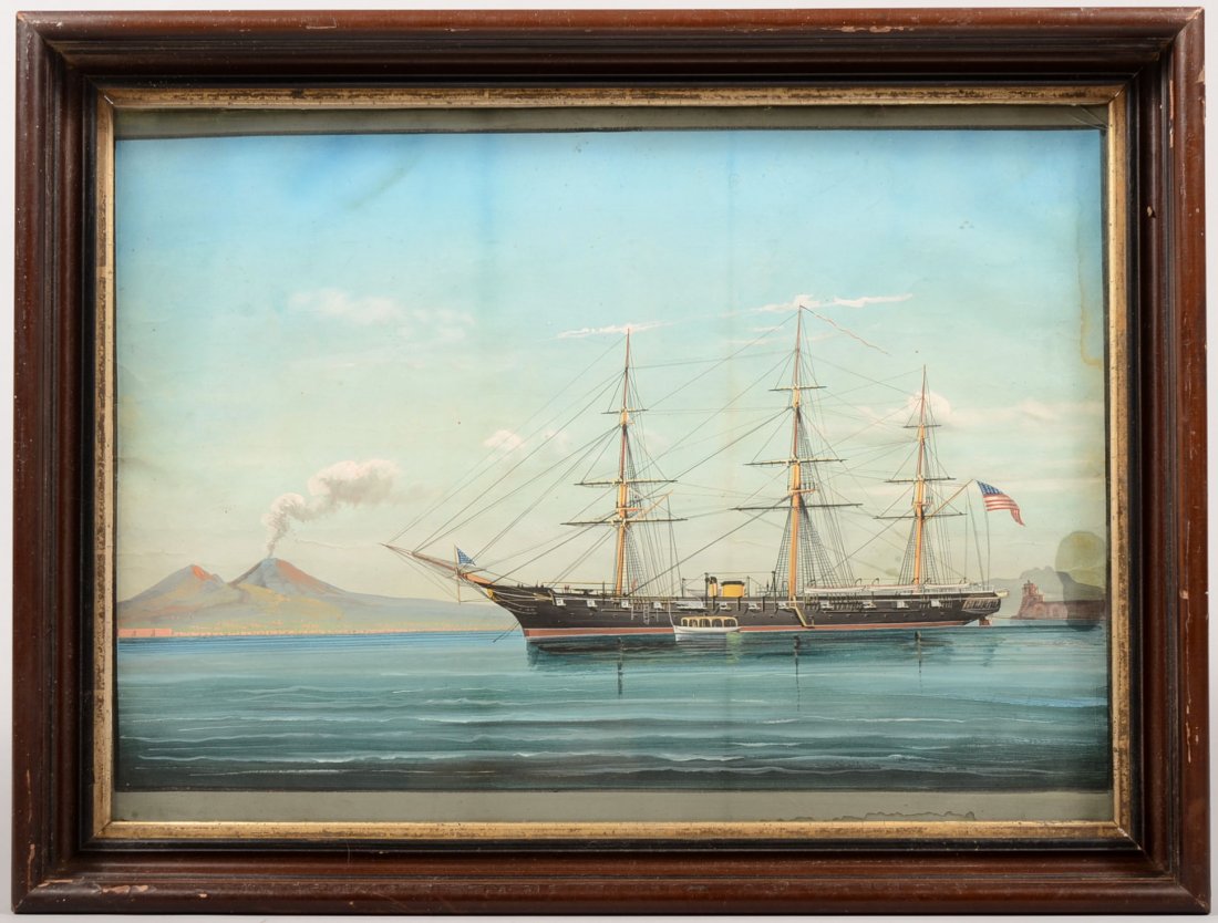 Watercolor Chinese Export Type Ship Portrait. No i: Watercolor Chinese Export Type Ship Portrait. No identification. The image could be China, but evidence indicates Italy. There is a smoking volcano (Vesuvius) in the landscape background and a short l
