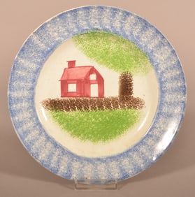 Blue Spatter Schoolhouse Pattern Ironstone Plate.
