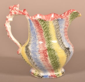 5-Color Rainbow Spatter Staffordshire Pitcher.