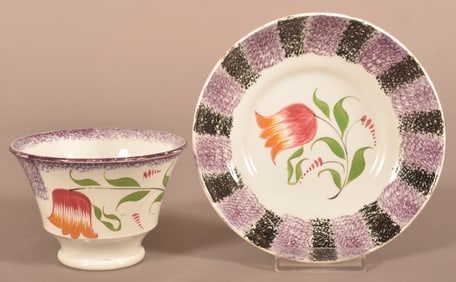 Purple & Black Rainbow Spatter Tulip Cup & Saucer.