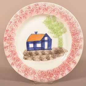 Red Spatter Schoolhouse Pattern Ironstone Plate.
