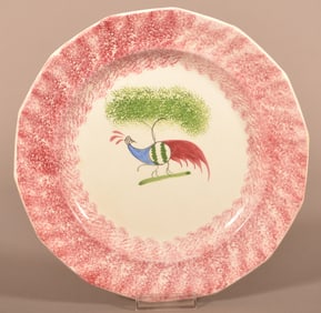 Red Spatter China Open-Body Peafowl Paneled Plate.