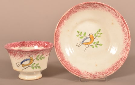 Red Spatter Dove Pattern China Cup and Saucer.