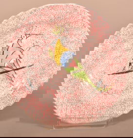 Red Spatter Peafowl on a Bar China Cup Plate.