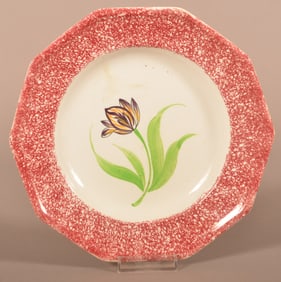 Red Spatter Ironstone Tulip Pattern Paneled Plate.