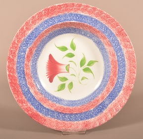 Red & Blue Spatter Thistle Pattern Soup Plate.