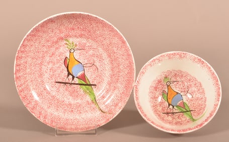 Red Spatter Peafowl on Bar Pattern Cup & Saucer.