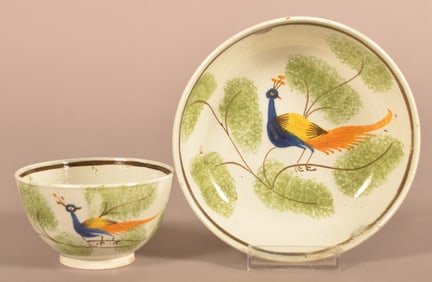 Leeds Soft Paste China Peafowl Cup and Saucer.