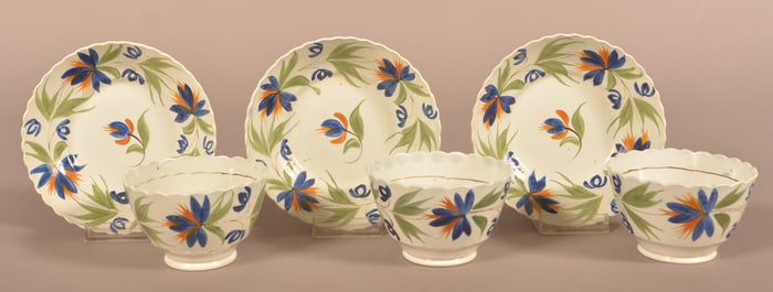 Three Matching Leeds Soft Paste Cups and Saucers.