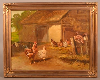 D. B. Bechtel Oil on Canvas Barnyard Painting.