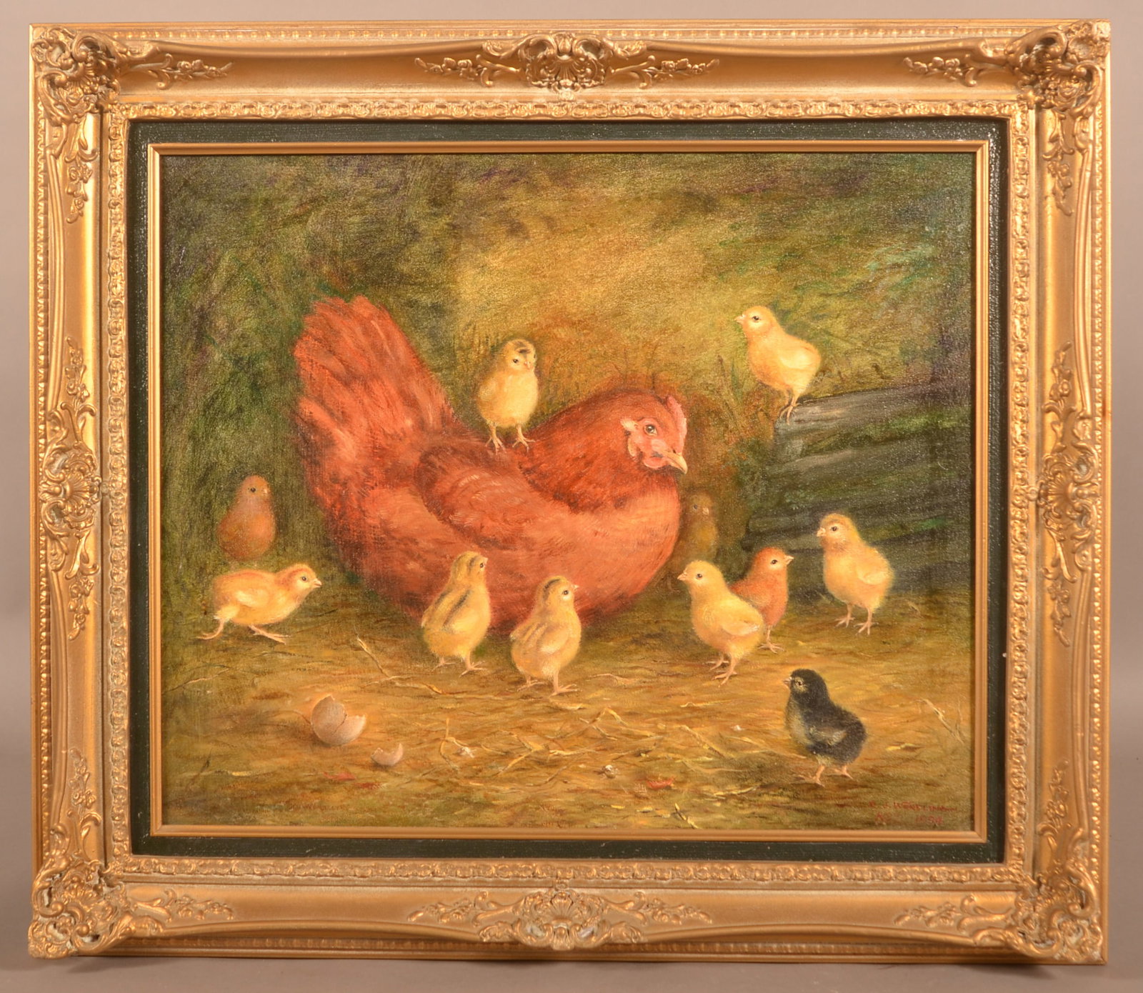 D. Wendling Oil on Canvas Hen With Chicks Painting. (1 of 6)