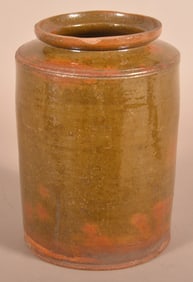 New England 19th C. Glazed Redware Storage Jar.