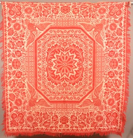 American 19th C. Red & Neutral Jacquard Coverlet.
