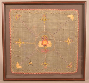Antique Framed Silk Needlework Handkerchief.