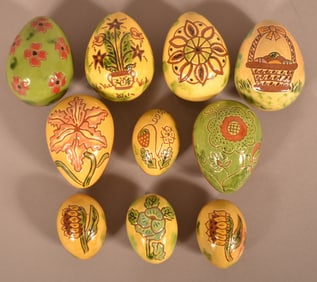 10 Breininger Pottery Sgraffito-Decorated Eggs.