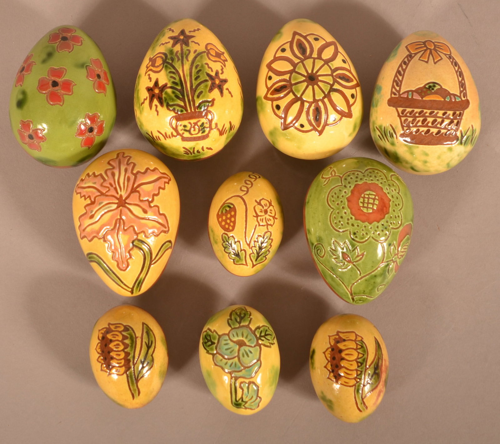 10 Breininger Pottery Sgraffito-Decorated Eggs. (1 of 2)
