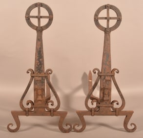 Antique Pair Arts & Crafts Wrought Iron Andirons.