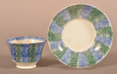 Green & Blue Rainbow Spatter China Cup and Saucer.