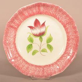 Red Spatter Tulip Pattern Ironstone Paneled Plate.
