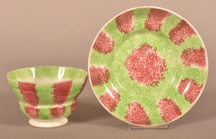 Red & Green Rainbow Spatter China Cup and Saucer.
