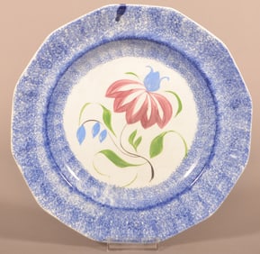 Blue Spatter China Umbrella Flower Paneled Plate.