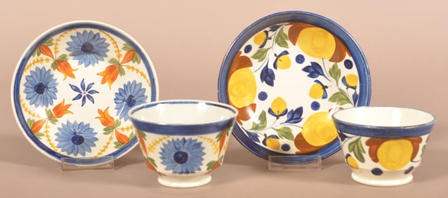 Two Leeds Soft Paste China Cups and Saucers.