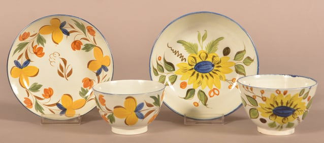 Two Leeds Soft Paste China Cups and Saucers.