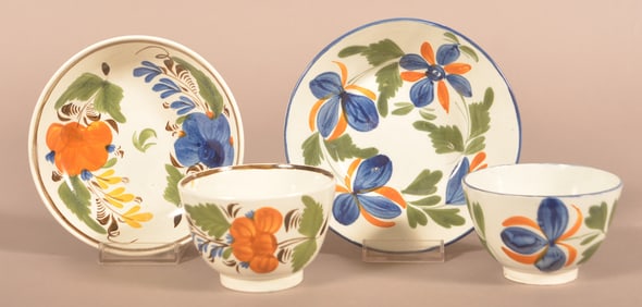 Two Leeds Soft Paste China Cups and Saucers.