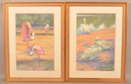 Rare Pair Earl Poole Watercolor Wildlife Paintings.