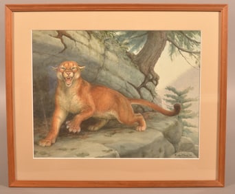 Earl Poole Watercolor Cougar Wildlife Painting.