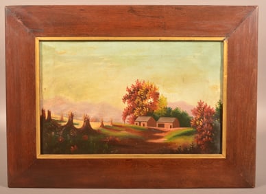 Antiq. Primitive Oil on Canvas Landscape Painting.