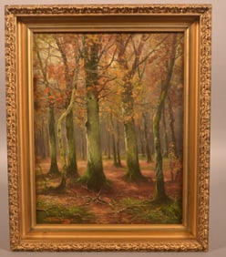 Antique German Oil on Wood Landscape Painting.