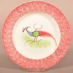 Red Spatter Ironstone Peafowl Pattern Toddy Plate.