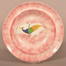 Red Spatter China Peafowl Pattern Soup Plate.