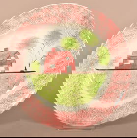 Red Spatter China Schoolhouse Pattern Toddy Plate.