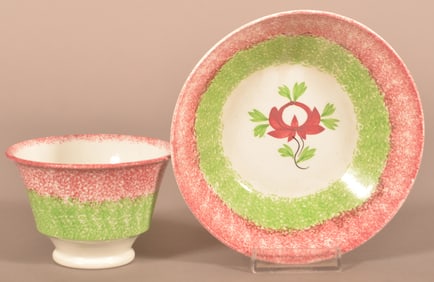 Red & Green Spatter China Adams Rose Cup & Saucer.