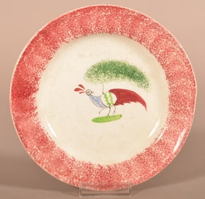 Red Spatter China Open-Body Peafowl Toddy Plate.