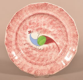 Red Spatter China Peafowl Pattern Paneled Plate.