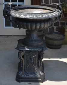 Large Vintage Cast Iron 2-Section Garden Urn.
