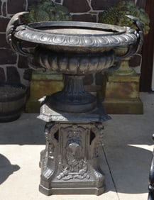 Large Vintage Cast Iron 2-Section Garden Urn.