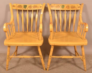 Pair of PA Raked Arrow-Back Plank Seat Armchairs.