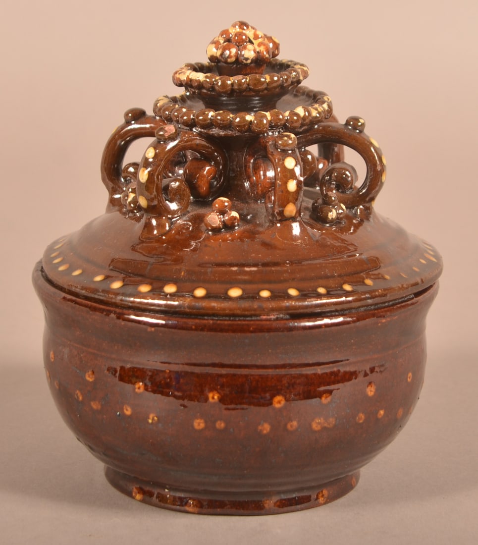 Slip-Decorated Redware Sugar Bowl.: Slip-Decorated Redware Sugar Bowl. Lid is circa 1830 and attributed to John Nice, Upper Salford Township, Montgomery County, PA. Base was made 3-15-71 as a special order for Lester Breininger and sign