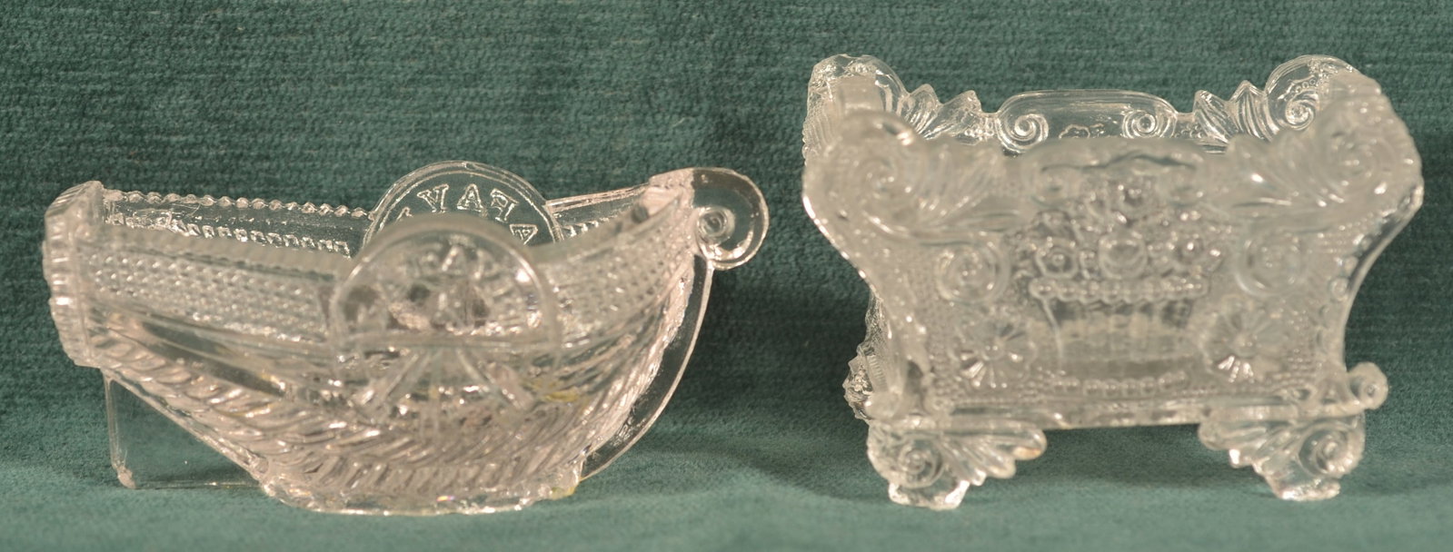 Two Colorless Lacy Pressed Sandwich Glass Salts.: Two Colorless Lacy Pressed Sandwich Glass Salts. 3" and 3-1/4"w.