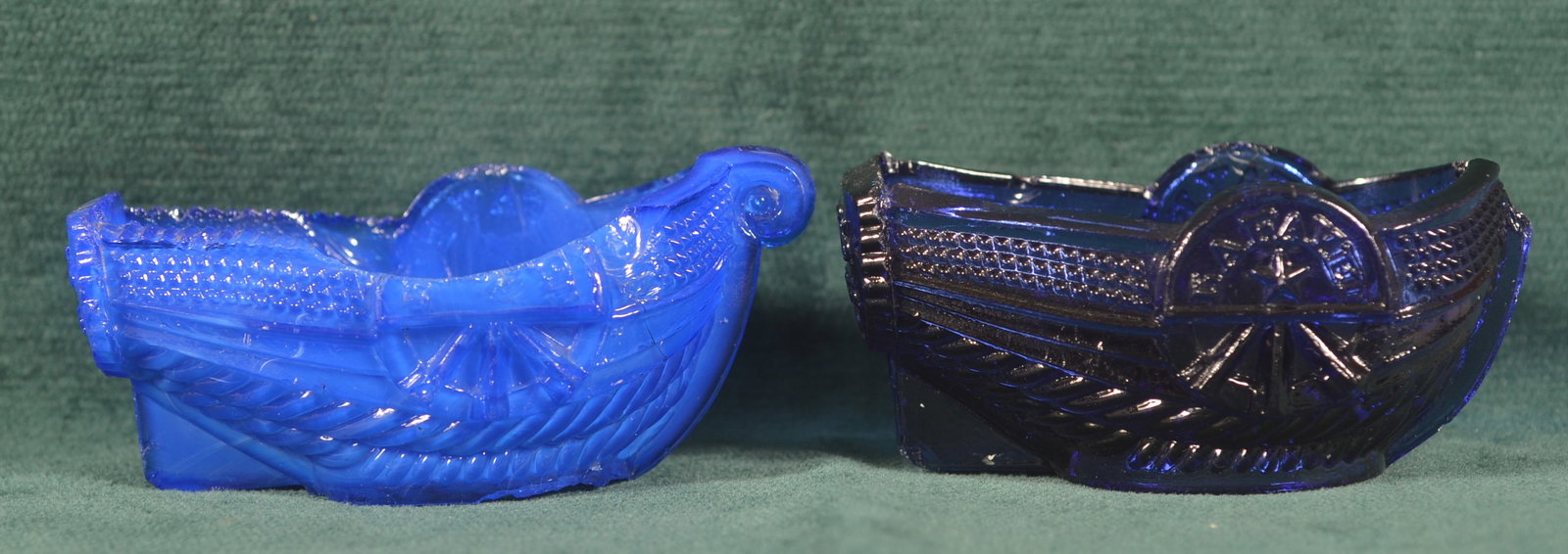 Two Boston & Sandwich Glass Co. Blue Boat Salts.: Two Boston & Sandwich Glass Company Blue Boat Salts. Cobalt blue and blue opalescent. 3-1/2" and 3-7/8"w.