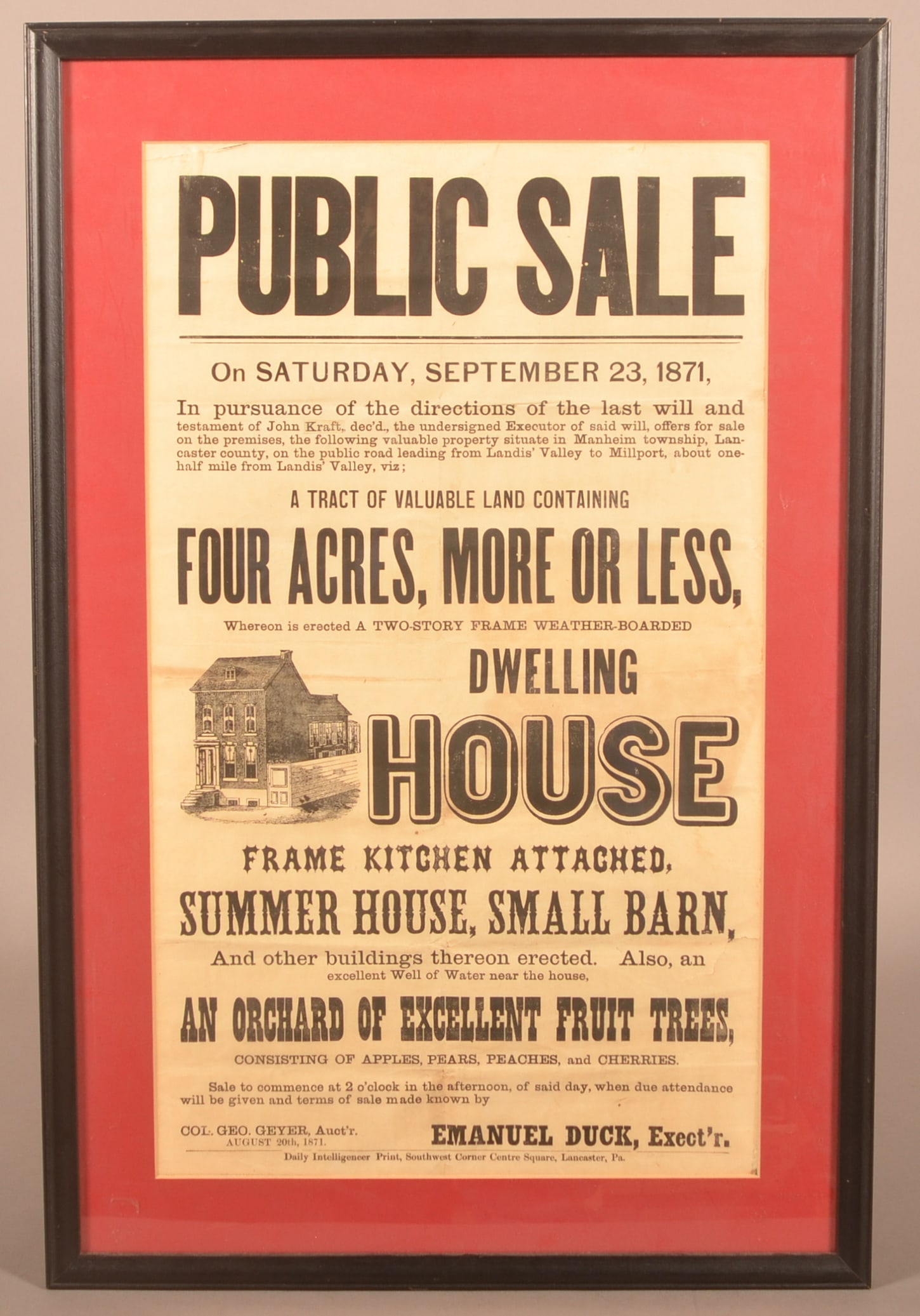 Lancaster County, PA 1871 Public Sale Broadside. (1 of 6)
