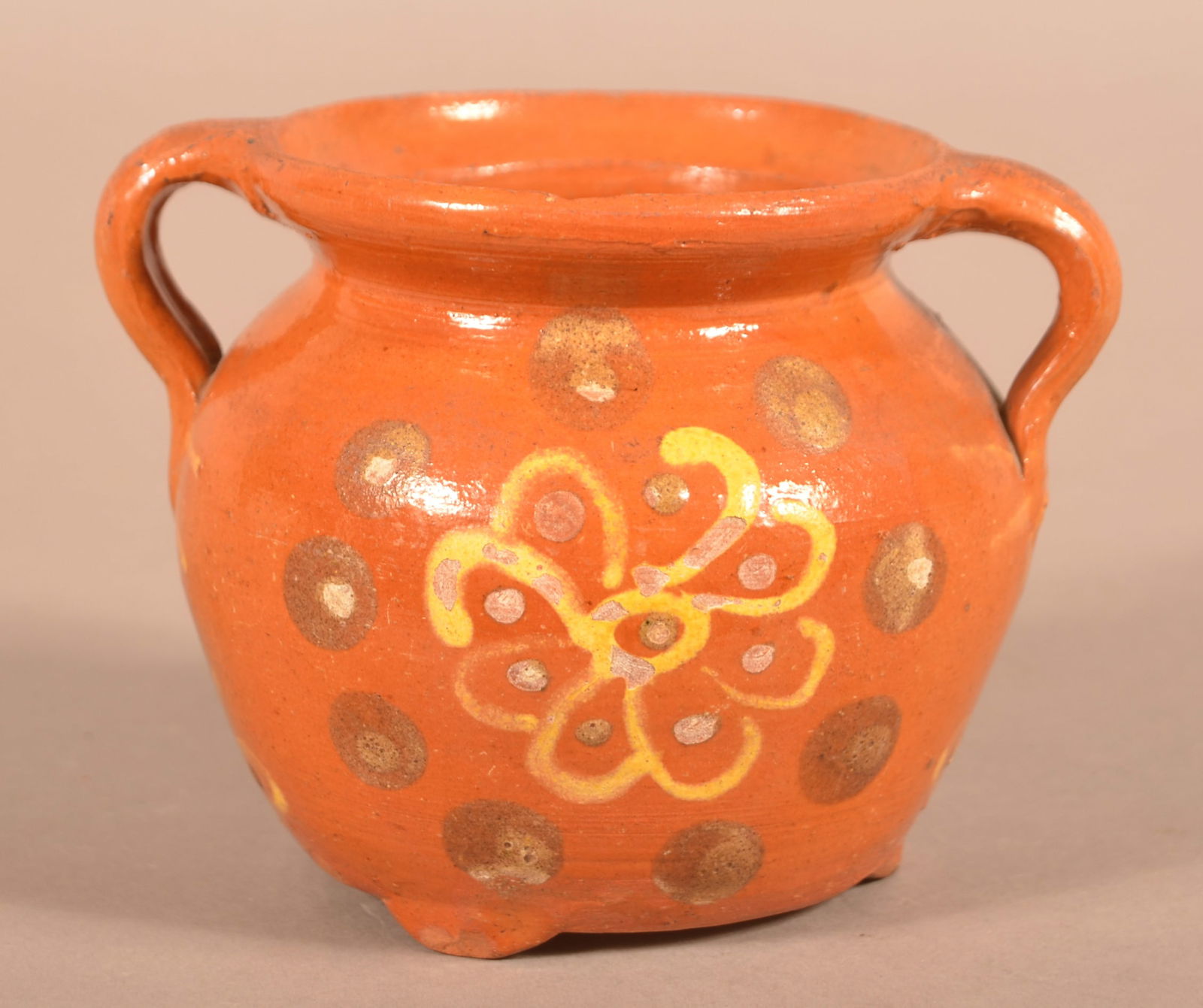 Slip-Decorated Redware Sugar Bowl Dated 1889.: Slip-Decorated Redware Sugar Bowl Dated 1889. Stylized floral and dot decoration. 4"h.