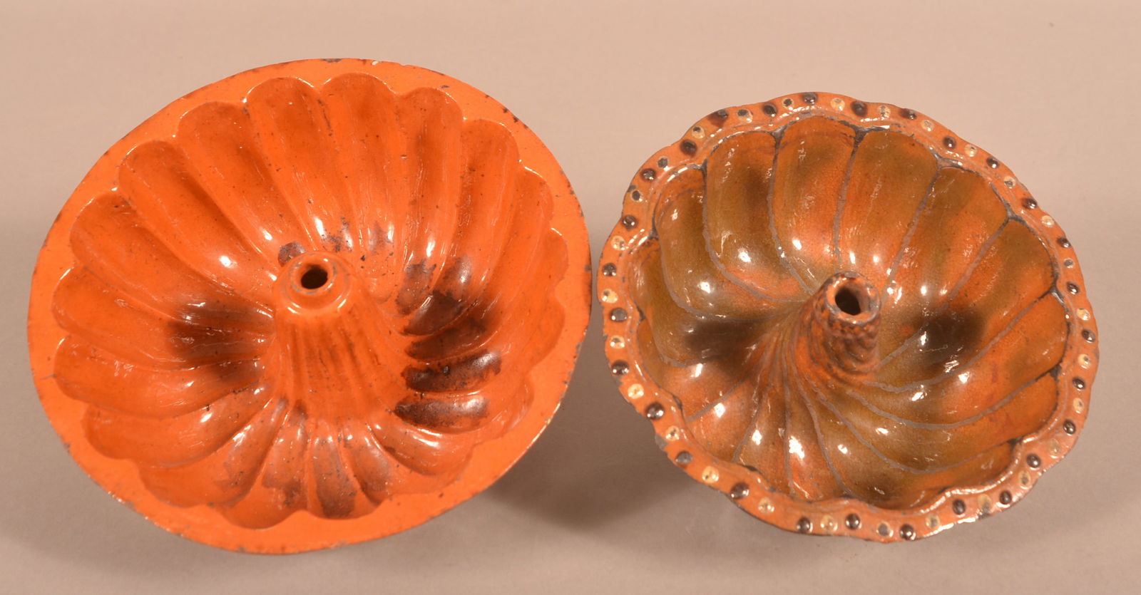Two 19th Century Glazed Redware Turk's Molds.: Two 19th Century Glazed Redware Turk's Molds. 8" and 8-1/2" diam.