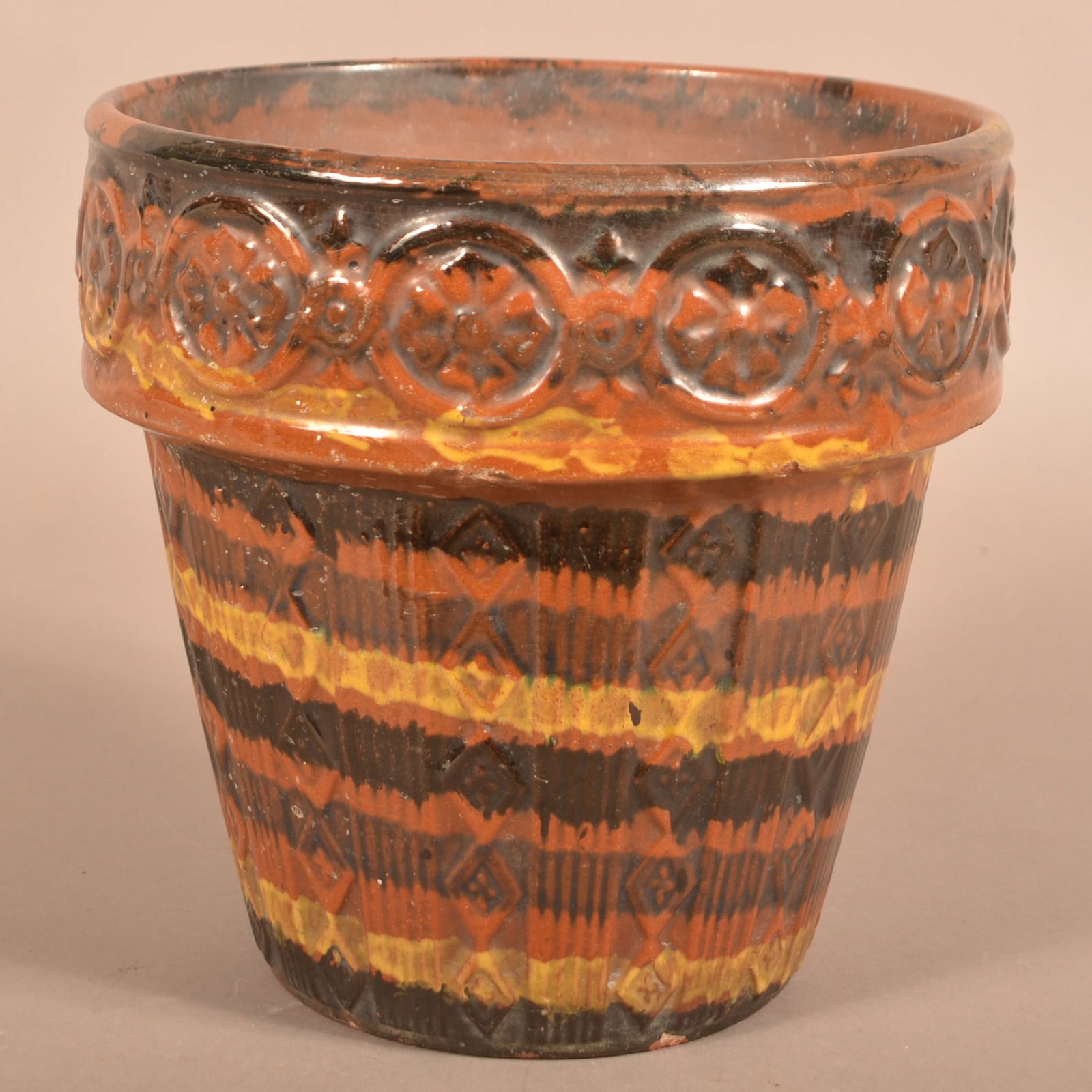 Large Polychrome Glazed Redware Flower Pot. (1 of 4)